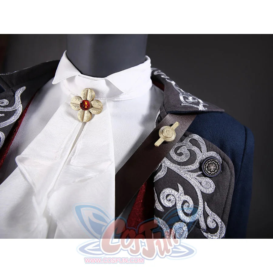 Lies of P Pinocchio cosplay costume collar detail frames a white shirt beneath a flower brooch and silver embroidery