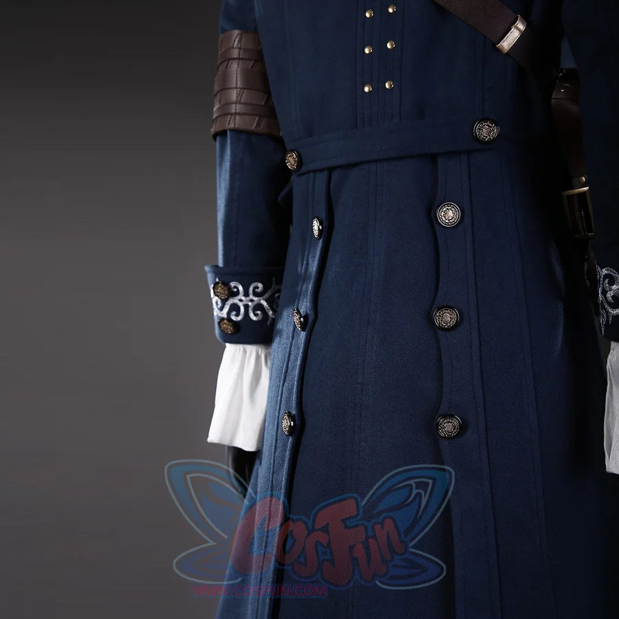 Lies of P Pinocchio cosplay costume side detail lines navy coat buttons above a long tailored skirt panel