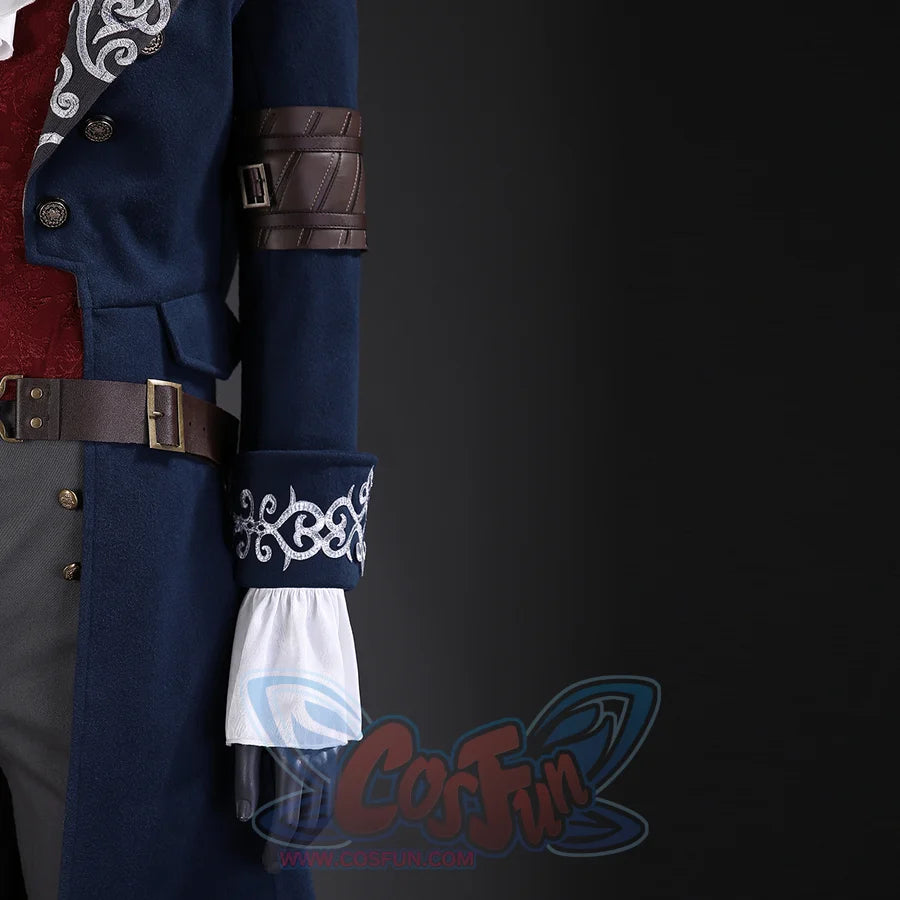 Lies of P Pinocchio cosplay costume sleeve detail wraps a brown arm strap above a white cuff and silver 