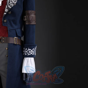 Lies of P Pinocchio cosplay costume sleeve detail wraps a brown arm strap above a white cuff and silver 