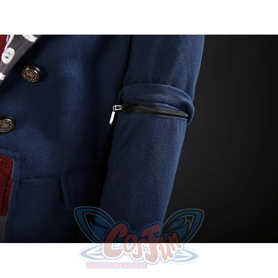 Lies of P Pinocchio cosplay costume sleeve zipper detail runs along navy fabric near the tailored coat seam