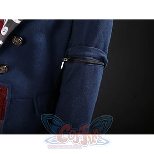 Lies of P Pinocchio cosplay costume sleeve zipper detail runs along navy fabric near the tailored coat seam