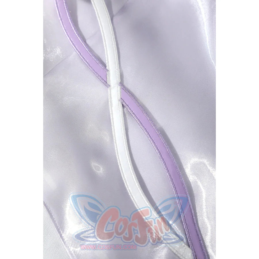 Genshin Impact Citlali cosplay strap detail crosses sheer lavender fabric with pale trim.