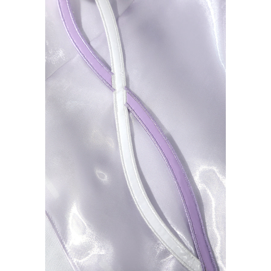 Genshin Impact Citlali cosplay strap detail crosses sheer lavender fabric with pale trim.