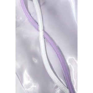 Genshin Impact Citlali cosplay strap detail crosses sheer lavender fabric with pale trim.