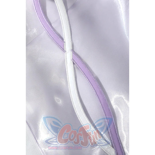 Genshin Impact Citlali cosplay strap detail crosses sheer lavender fabric with pale trim.