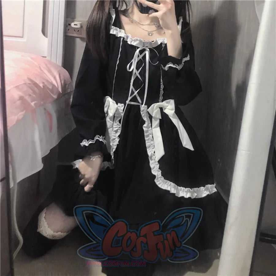 Lolita Long-Sleeved Gothic Skirt Dark Maid Dress Kawaii Waist Bow Girl Costumes
