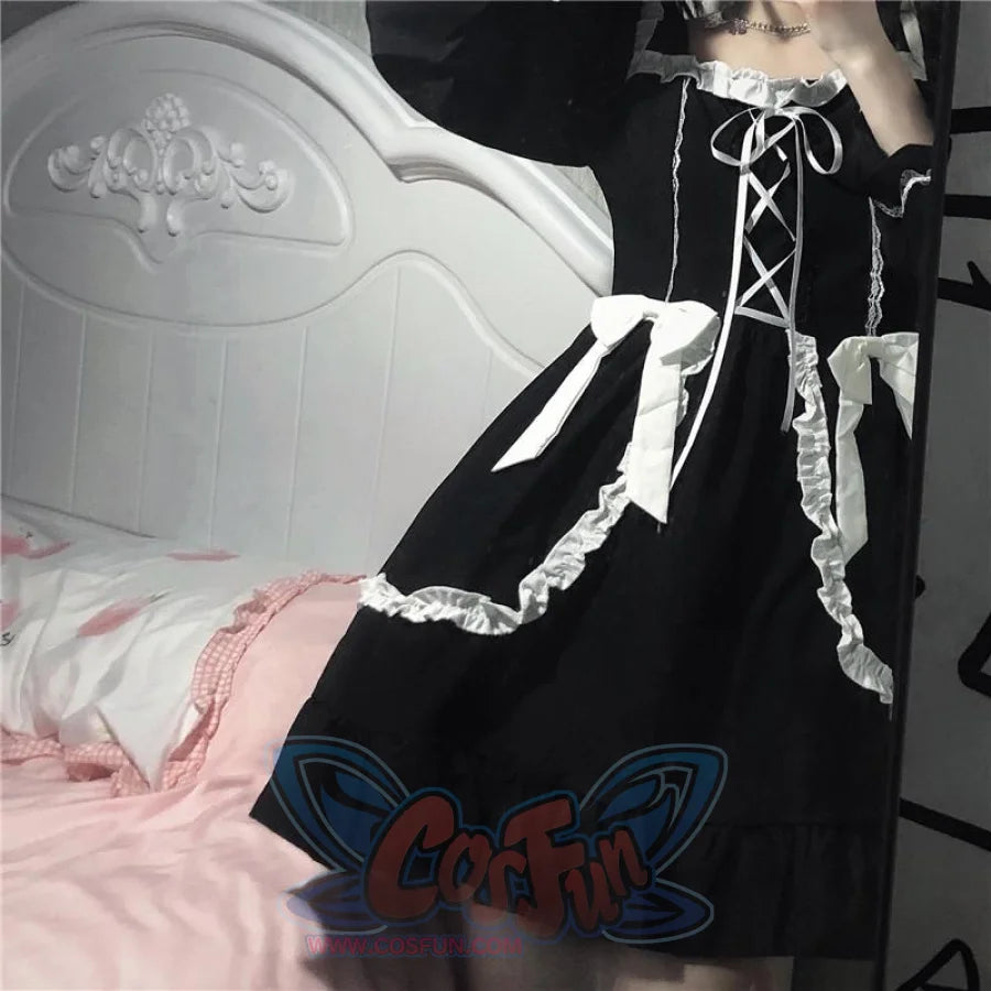 Lolita Long-Sleeved Gothic Skirt Dark Maid Dress Kawaii Waist Bow Girl Costumes