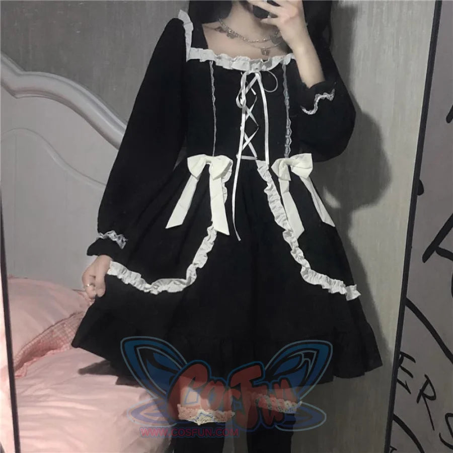 Lolita Long-Sleeved Gothic Skirt Dark Maid Dress Kawaii Waist Bow Girl Costumes