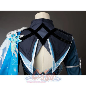 Lumine cosplay back neckline detail with intersecting black straps and layered dark teal panels.