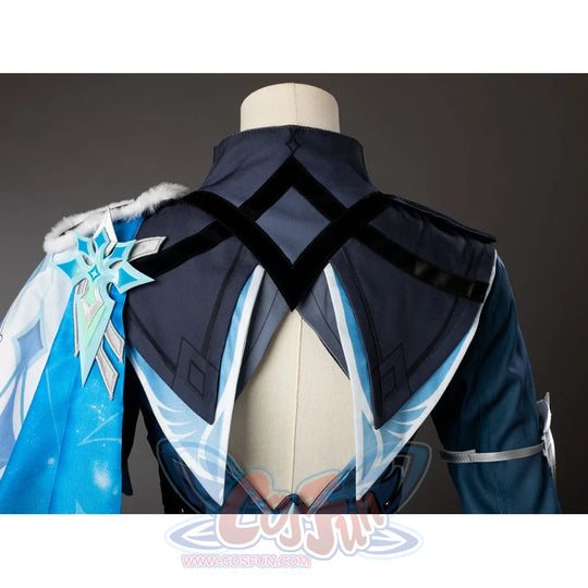 Lumine cosplay back neckline detail with intersecting black straps and layered dark teal panels.