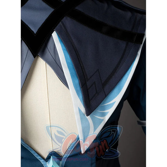 Lumine cosplay back shoulder detail layers navy and white panels with turquoise edging.