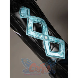 Lumine cosplay boot shaft close-up with turquoise geometric panels on glossy black material.