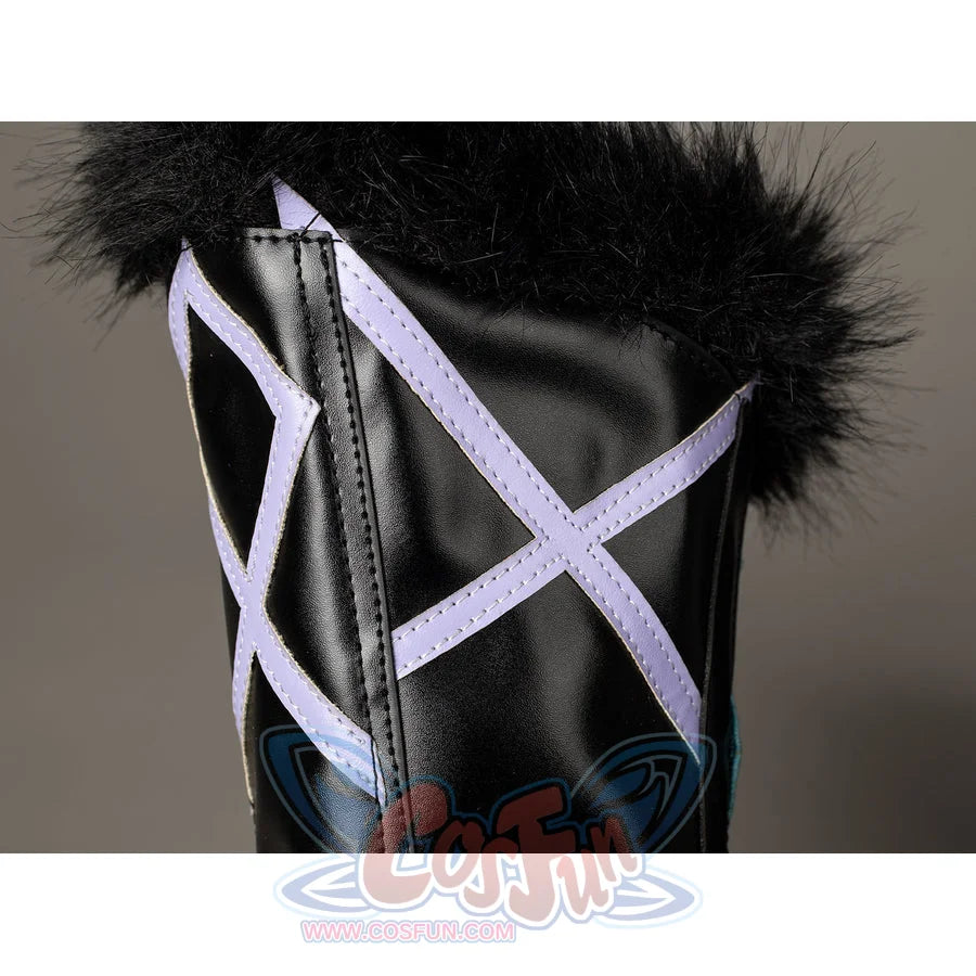 Lumine cosplay boot top close-up with crossed lavender straps and fluffy black trim.