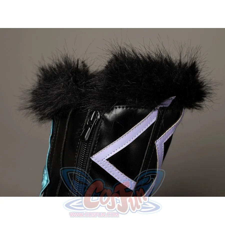 Lumine cosplay boot top detail with a back zipper between fluffy black trim and lavender straps.