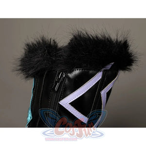 Lumine cosplay boot top detail with a back zipper between fluffy black trim and lavender straps.