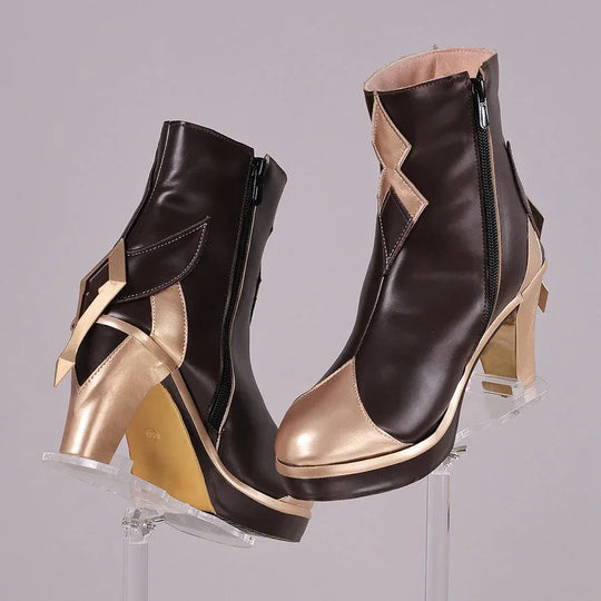 Angled front view of Genshin Impact Lumine cosplay boots with dark ankle shafts, gold heels, cream side panels, and zippers