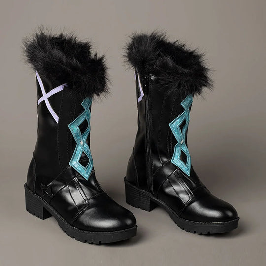 Genshin Impact Lumine cosplay boots angled view shows black shafts below fluffy trim with turquoise and lavender panels.