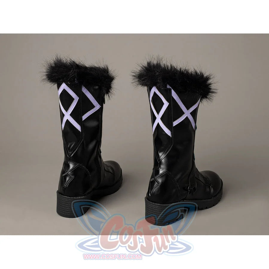 Lumine cosplay boots back view with lavender geometric straps and fluffy black trim.