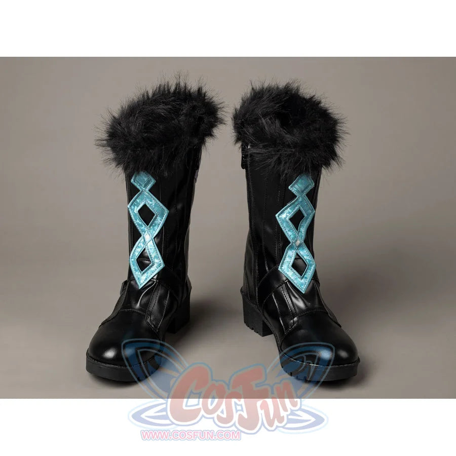 Lumine cosplay boots front view with turquoise geometric panels on tall black shafts below fluffy black trim.