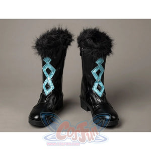 Lumine cosplay boots front view with turquoise geometric panels on tall black shafts below fluffy black trim.