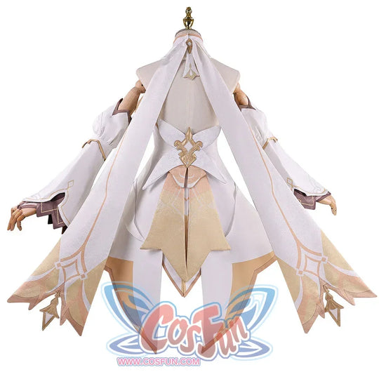 Back view of Genshin Impact Lumine cosplay costume with white streamers, gold back waist piece, long skirt panel, and gloves