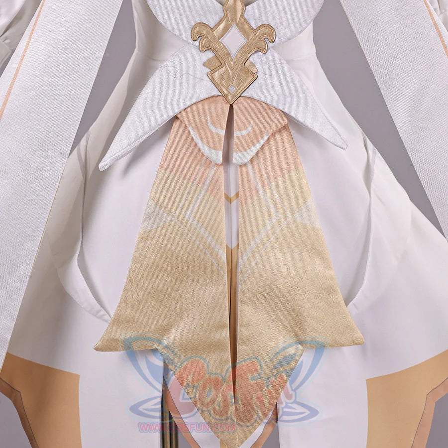 Back waist detail of Genshin Impact Lumine cosplay costume with gold ornament, beige panel, white skirt, and long streamer