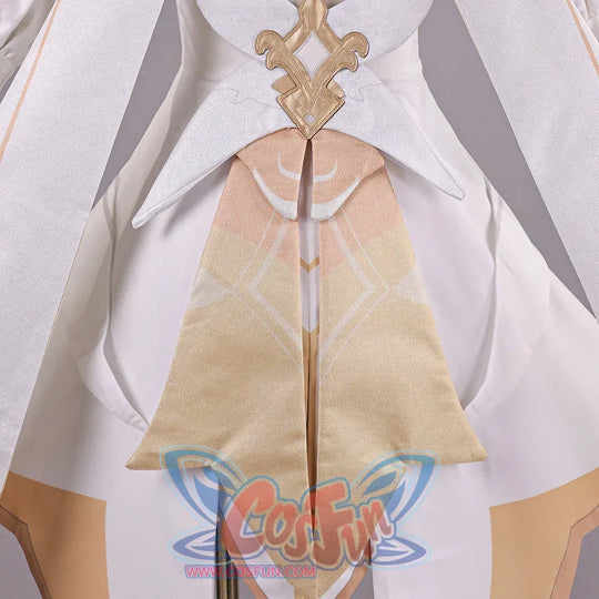 Back waist detail of Genshin Impact Lumine cosplay costume with gold ornament, beige panel, white skirt, and long streamer