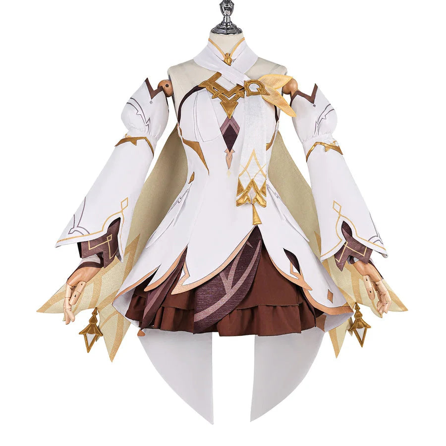 Front view of Genshin Impact Lumine cosplay costume with white dress, gold trim, brown skirt, arm sleeves, and choker