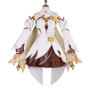 Front view of Genshin Impact Lumine cosplay costume with white dress, gold trim, brown skirt, arm sleeves, and choker
