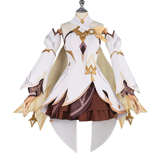 Front view of Genshin Impact Lumine cosplay costume with white dress, gold trim, brown skirt, arm sleeves, and choker