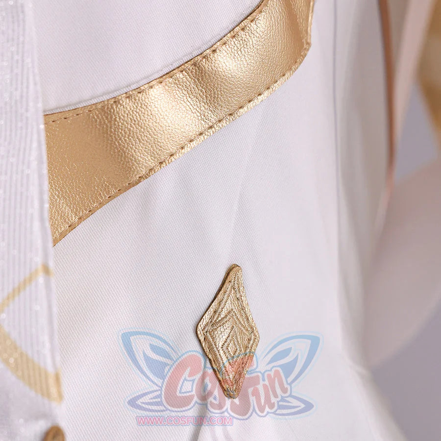 Detail of Genshin Impact Lumine cosplay costume white streamer with gold trim, satin fabric, and stitched edge
