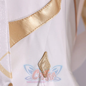 Detail of Genshin Impact Lumine cosplay costume white streamer with gold trim, satin fabric, and stitched edge