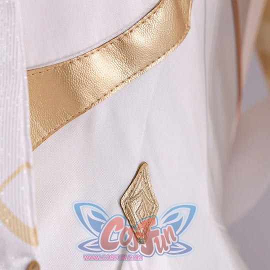 Detail of Genshin Impact Lumine cosplay costume white streamer with gold trim, satin fabric, and stitched edge
