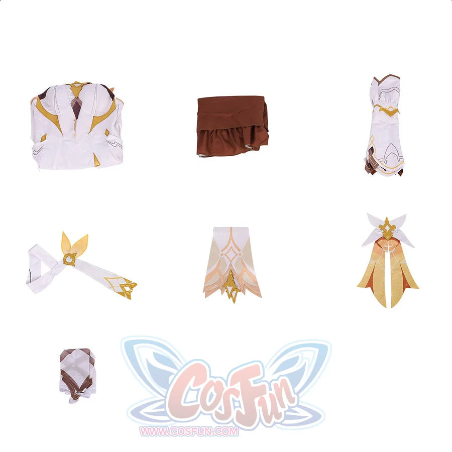 Flat lay of Genshin Impact Lumine cosplay costume pieces with dress, sleeves, gloves, choker, streamers, and back accessory