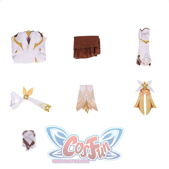 Flat lay of Genshin Impact Lumine cosplay costume pieces with dress, sleeves, gloves, choker, streamers, and back accessory
