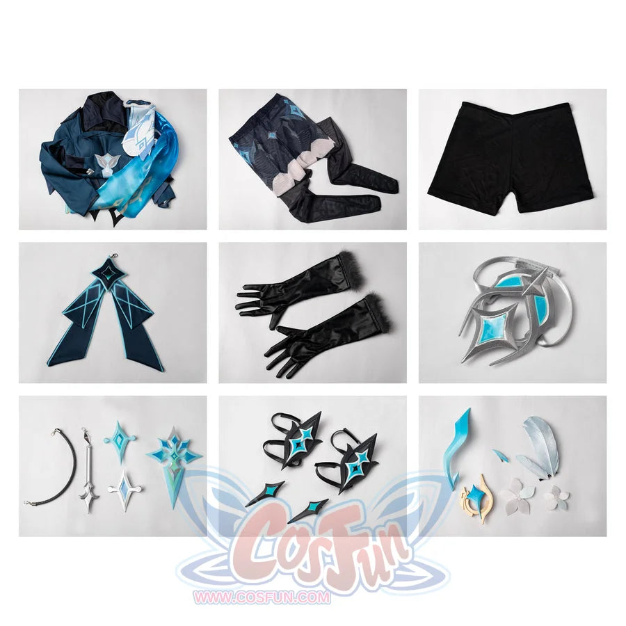 Lumine cosplay costume set flat lay with the dark teal outfit and coordinated pieces arranged for viewing.