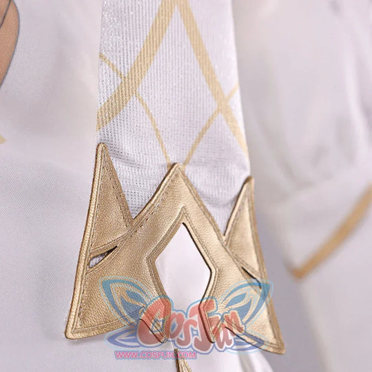Close-up of Genshin Impact Lumine cosplay costume arm sleeve with gold diamond trim, white fabric, and crisscross lines