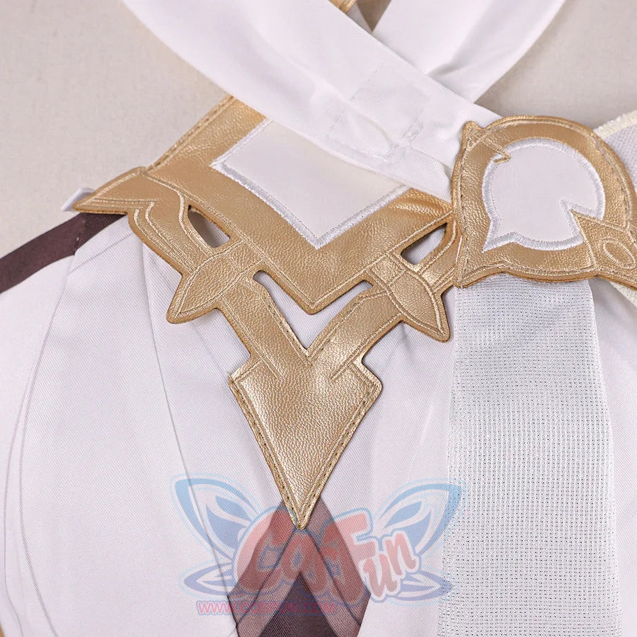 Waist detail of Genshin Impact Lumine cosplay costume with gold back accessory, white fabric, and brown streamer