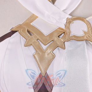 Waist detail of Genshin Impact Lumine cosplay costume with gold back accessory, white fabric, and brown streamer