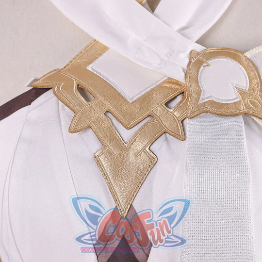 Waist detail of Genshin Impact Lumine cosplay costume with gold back accessory, white fabric, and brown streamer