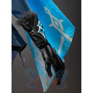 Lumine cosplay glove side view has black panels beneath gray fluffy trim and a silver-tone turquoise ornament.
