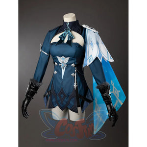 Lumine cosplay outfit front view pairs a high collar and open neckline with a silver-tone waist ornament above a pointed hem.
