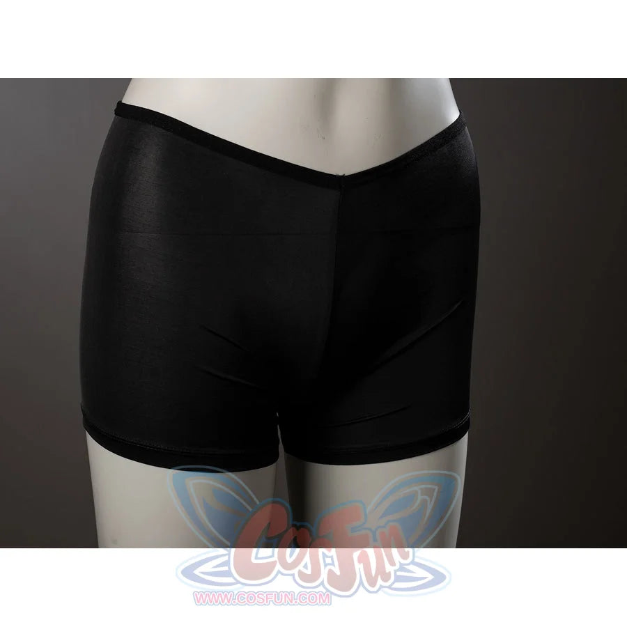 Lumine cosplay shorts front view in plain black fabric with a V-shaped waistband.