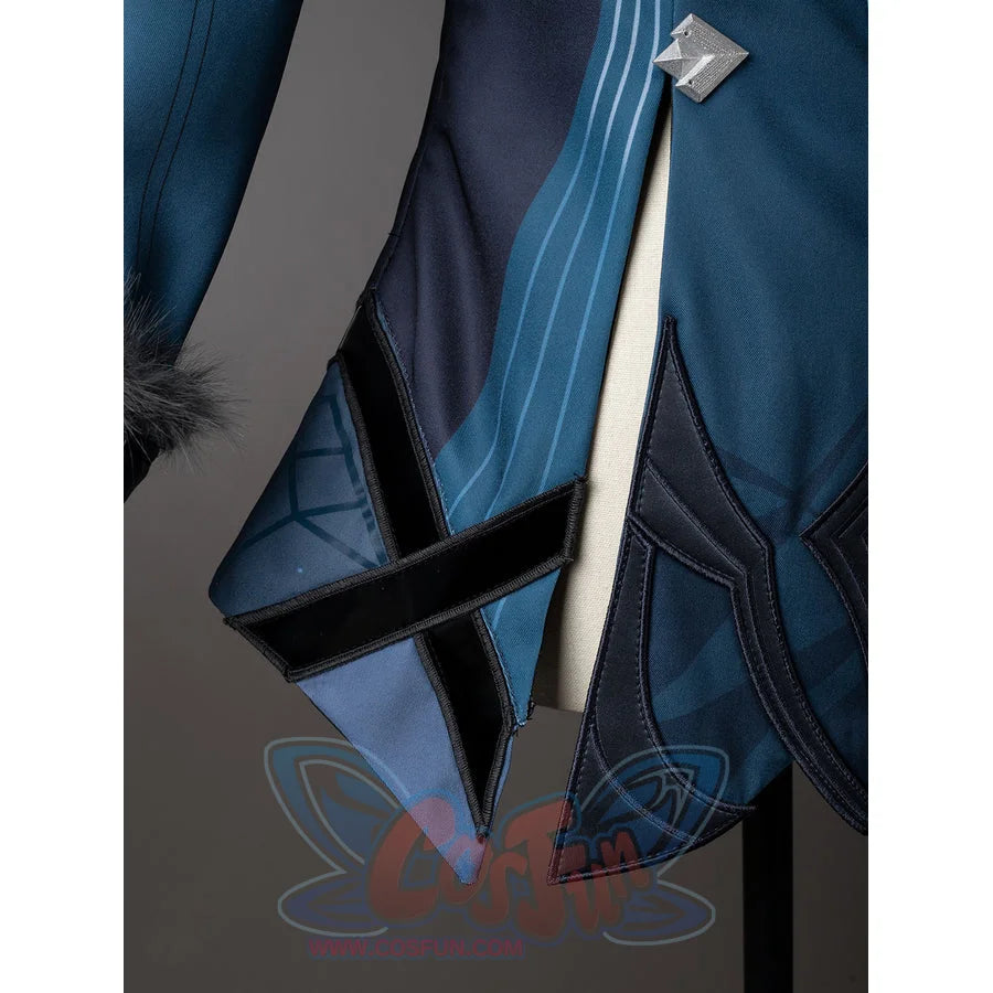 Lumine cosplay side panel detail with layered dark teal points and a narrow black strap.