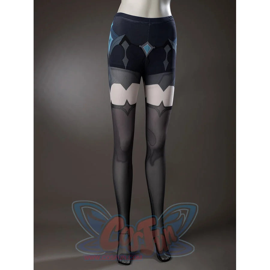 Lumine cosplay socks front view with dark geometric thigh panels and pale scalloped sections.
