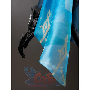 Lumine cosplay turquoise drape detail with a pale geometric pattern over translucent blue fabric.