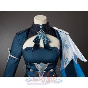 Lumine cosplay upper-body detail has a high collar around an open neckline beside a pale shoulder drape and waist ornament.