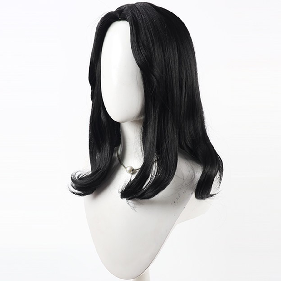 Angled front view of Lune cosplay wig from Clair Obscur Expedition 33 with black medium hair and soft curled tips
