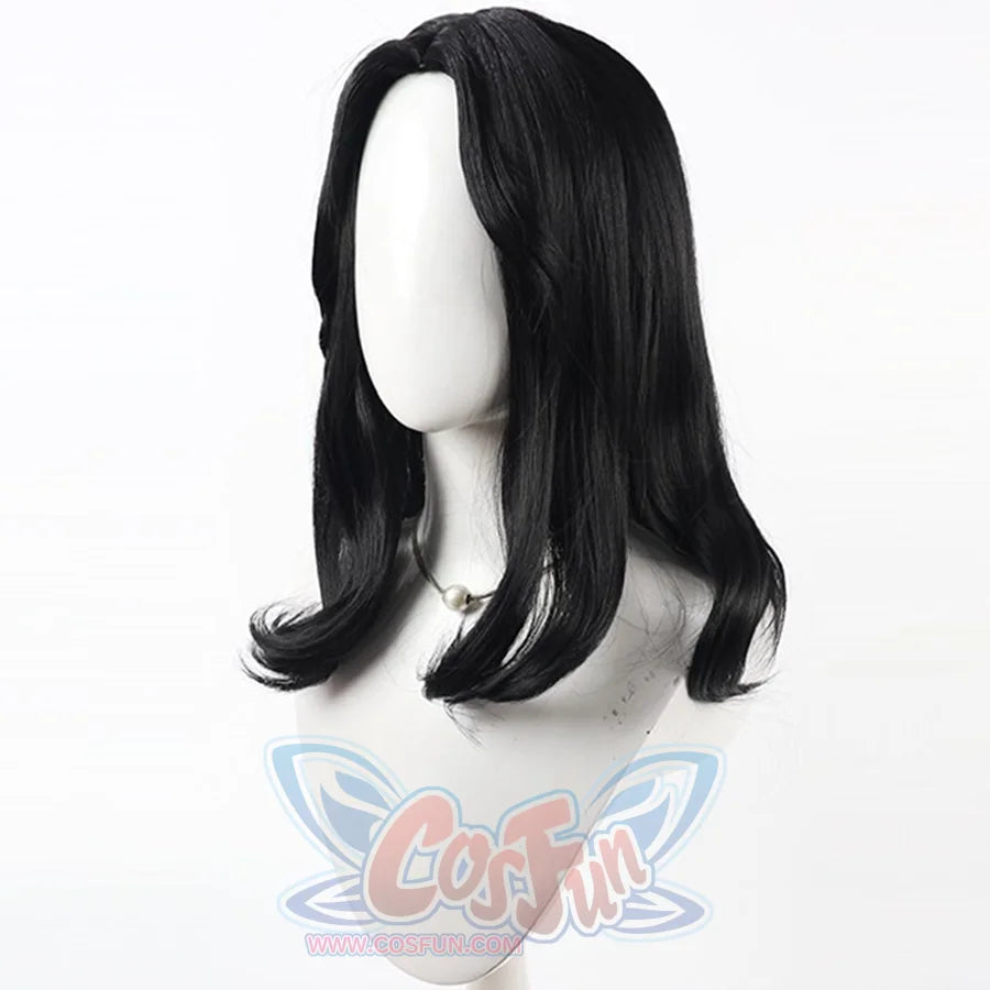 Angled front view of Lune cosplay wig from Clair Obscur Expedition 33 with black medium hair and soft curled tips